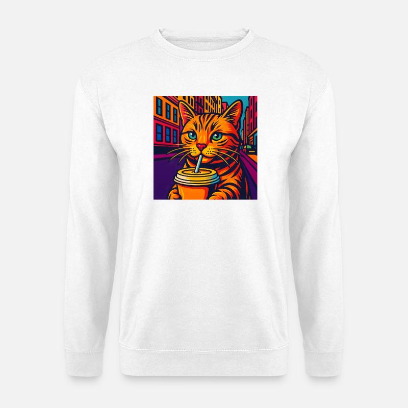 Lebhafte Stadtkatze mit Getränk, liebe Katzen - Unisex Pullover - Weiß
