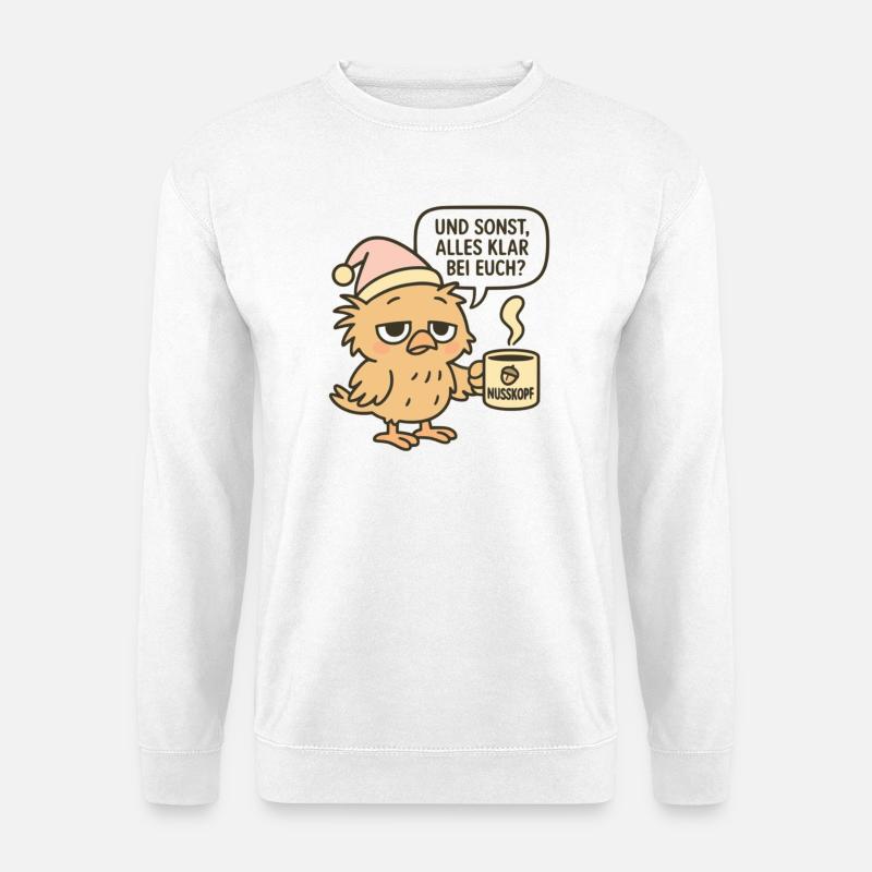Humorvoller Morgenmuffel Vogel - Spruch und Kaffee - Unisex Pullover - Weiß