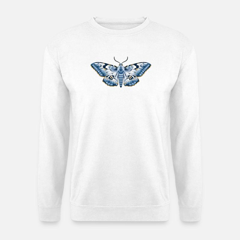 Mystic Midnight – Blaue Blumen Motte Kunst - Unisex Pullover - Weiß