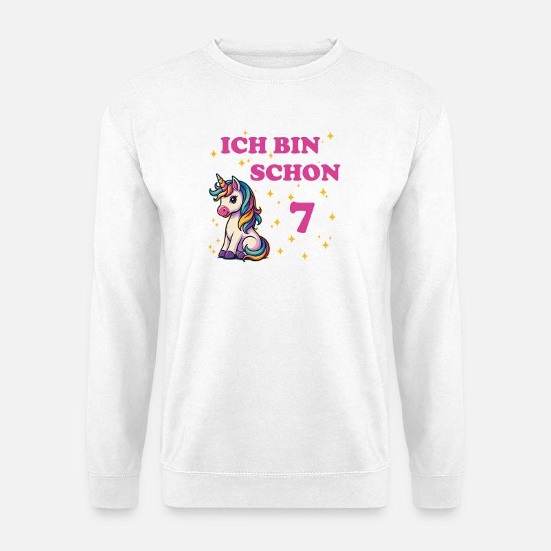 Kindergeburtstag 7, Tanzendes Lustiges Einhorn - Unisex Pullover - Weiß