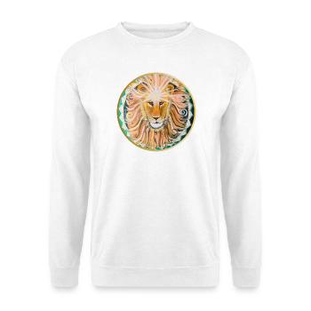 Löwenkopf mit Sonnen-Mandala und drittem Auge - Unisex Pullover - Weiß - Vorne - Alina (178cm) & Michal (187cm)