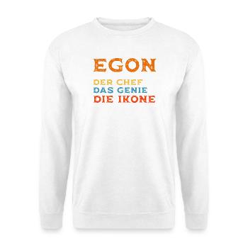 EGON Vorname - Personalisertes Chef Genie,  Ikone - Unisex Pullover - Weiß - Vorne - Alina (178cm) & Michal (187cm)