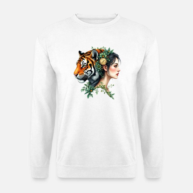 Florale Tigerfrau mit Uhr - Unisex Pullover - Weiß
