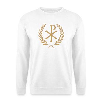 Chi-Rho Kranz Symbol - Unisex Pullover - Weiß - Vorne - Alina (178cm) & Michal (187cm)