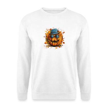 Lachender Kürbis mit Brille und blauem Hut - Unisex Pullover - Weiß - Vorne