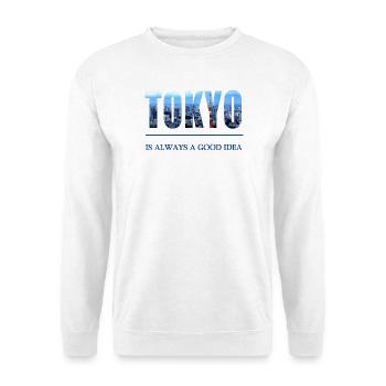 Tokyo Skyline Schriftzug – Immer eine gute Idee - Unisex Pullover - Weiß - Vorne - Alina (178cm) & Michal (187cm)