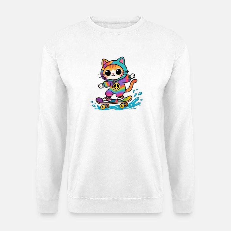 Mehrfarbiges Katzen-Skateboard - Unisex Pullover - Weiß