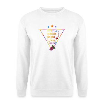 Wein in der Hand bunte Triangel Spruch - Unisex Pullover - Weiß - Vorne - Alina (178cm) & Michal (187cm)