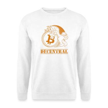 Decentral – Klassisches Bitcoin Design - Unisex Pullover - Weiß - Vorne - Alina (178cm) & Michal (187cm)