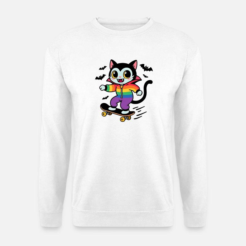 Regenbogen Vampir Katze Skateboarden - Unisex Pullover - Weiß