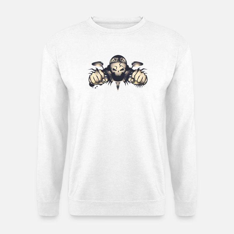 Rebellischer Totenkopf-Biker mit Retro-Helm - Unisex Pullover - Weiß