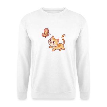 Neugierige Katze und Schmetterling - Unisex Pullover - Weiß - Vorne - Alina (178cm) & Michal (187cm)