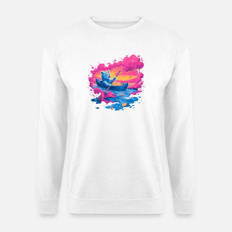 Neonbär im pinken Sonnenuntergangskanu - Unisex Pullover - Weiß