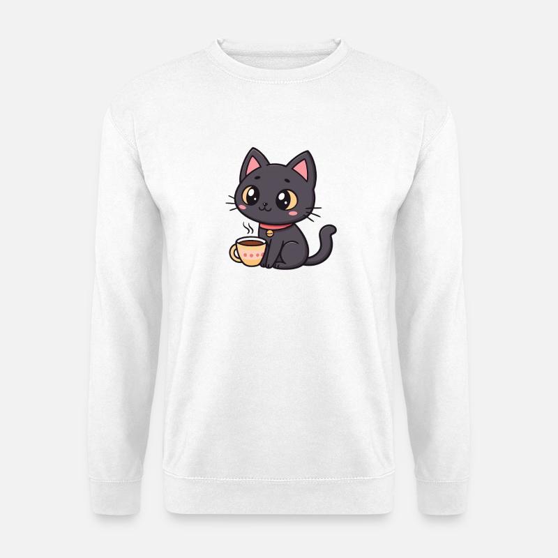 Warme schwarze Katze mit Tee - Unisex Pullover - Weiß