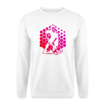 Kompaktes Floorball Design für Unihockey - Unisex Pullover - Weiß - Vorne - Alina (178cm) & Michal (187cm)