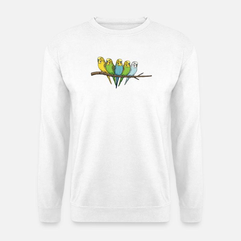 Bunte Wellensittich-Familie auf Ast - Unisex Pullover - Weiß