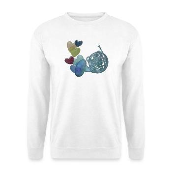 Herznote-Horn mit bunten Herzen - Unisex Pullover - Weiß - Vorne
