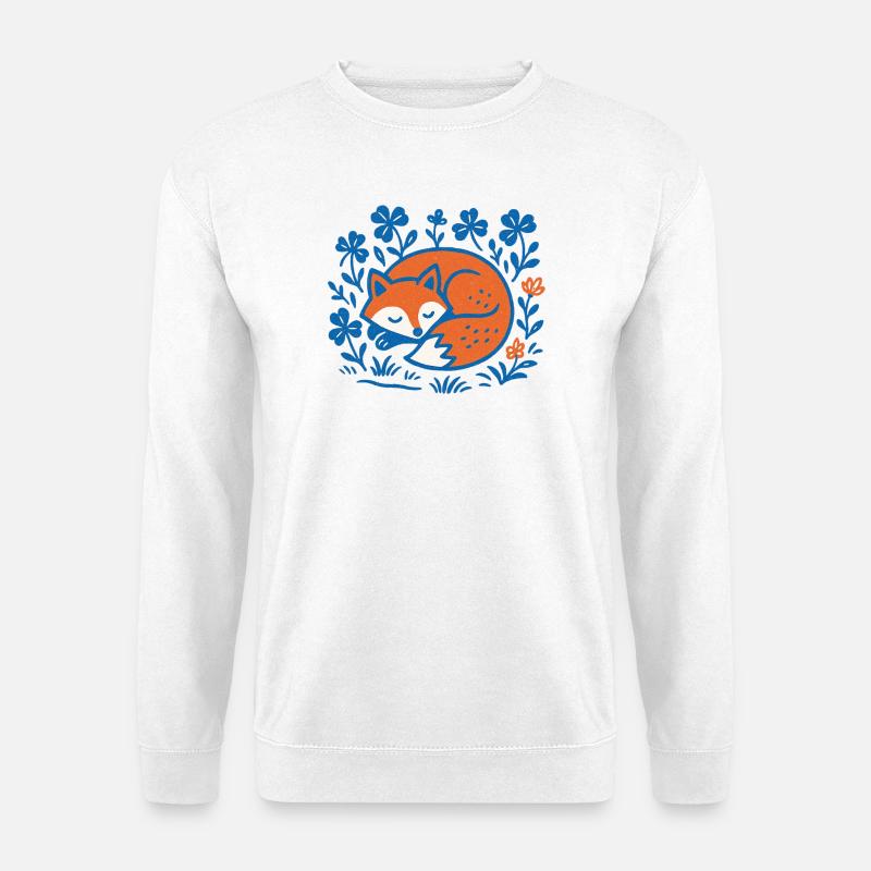 Schlafender Fuchs im Blumen-Nachtgarten - Unisex Pullover - Weiß