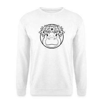 Hippopotamus Floral Wreath Boho Outline Vector - Unisex Sweatshirt - white - Front