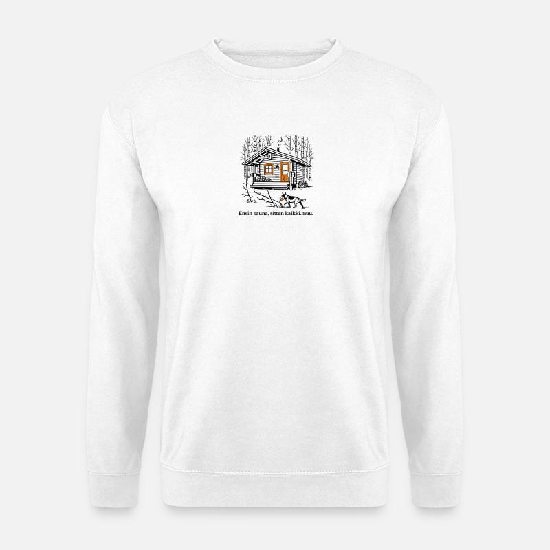 Waldhaus-Skizze mit Hund - Unisex Pullover - Weiß