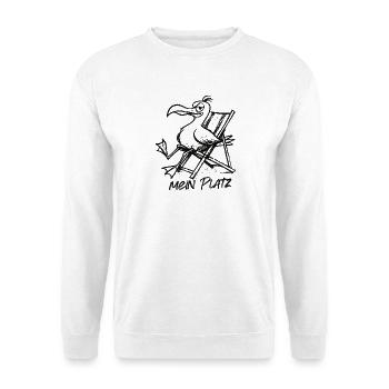 Pelikan am Strandstuhl – Mein Platz - Unisex Pullover - Weiß - Vorne