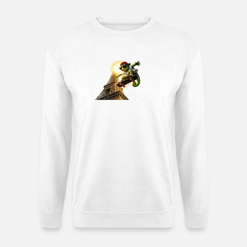 Skatendes Chamelion beim Eifelturm - Unisex Pullover - Weiß