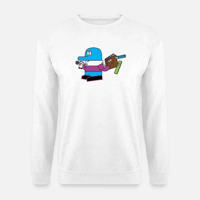 Blaues Maskottchen mit Schreibwaren-Sidekick - Unisex Pullover - Weiß