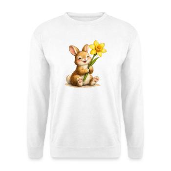 Hase mit gelber Frühlingsblume  - Unisex Pullover - Weiß - Vorne - Alina (178cm) & Michal (187cm)