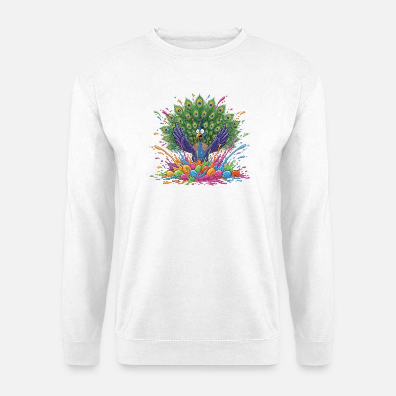Pfau mit Farbschleuder-Panorama - Unisex Pullover - Weiß