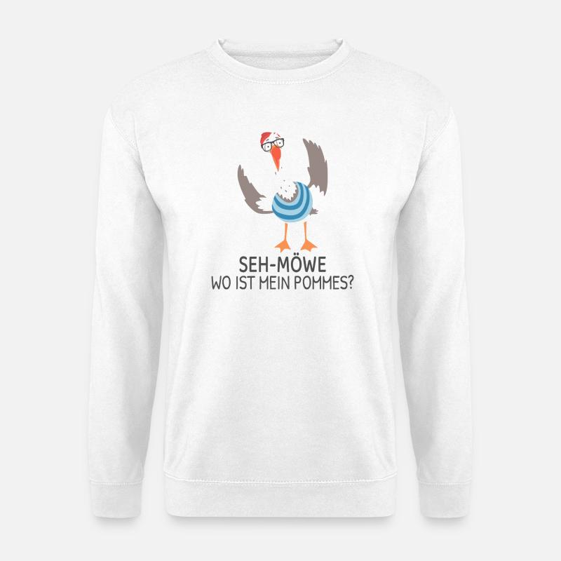 SEH-MÖWE Wo ist mein Pommes? Lustige Möwe - Unisex Pullover - Weiß