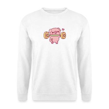 Lustiges Schweinchen macht Kniebeugen mit Gewichten - Unisex Pullover - Weiß - Vorne - Alina (178cm) & Michal (187cm)