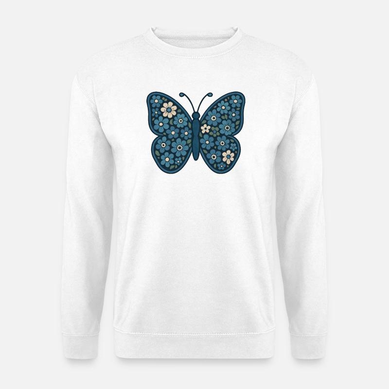 Blauer BlumenSchmetterling Muster - Unisex Pullover - Weiß