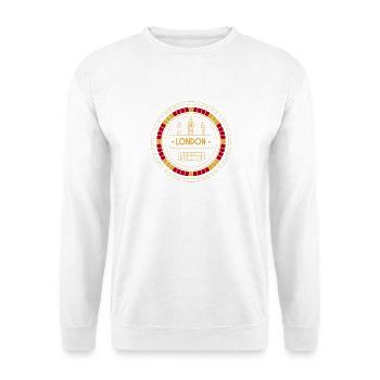 Gold London und Bus-Patch - Unisex Pullover - Weiß - Vorne - Alina (178cm) & Michal (187cm)