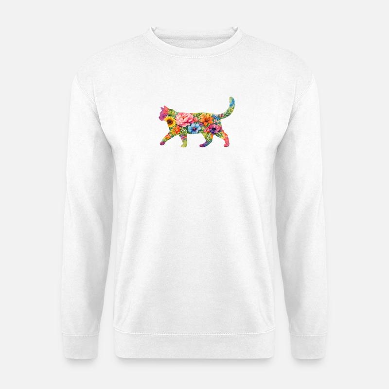 Katze Silhouette Blumen Bunt - Unisex Pullover - Weiß