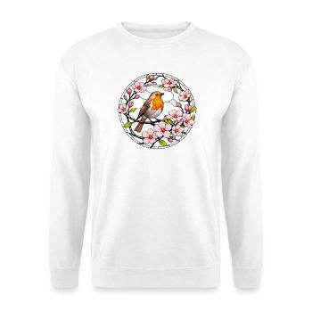 Rotkehlchen mit Kirschblüten Glasfensterstil  - Unisex Pullover - Weiß - Vorne