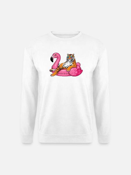 Cool Tiger auf Flamingo-Boje – Sommer-Rig-Design - Unisex Pullover - Weiß