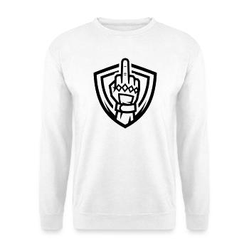 Mittelfinger Handschuh Wappen Schwarz Symbol - Unisex Pullover - Weiß - Vorne - Alina (178cm) & Michal (187cm)