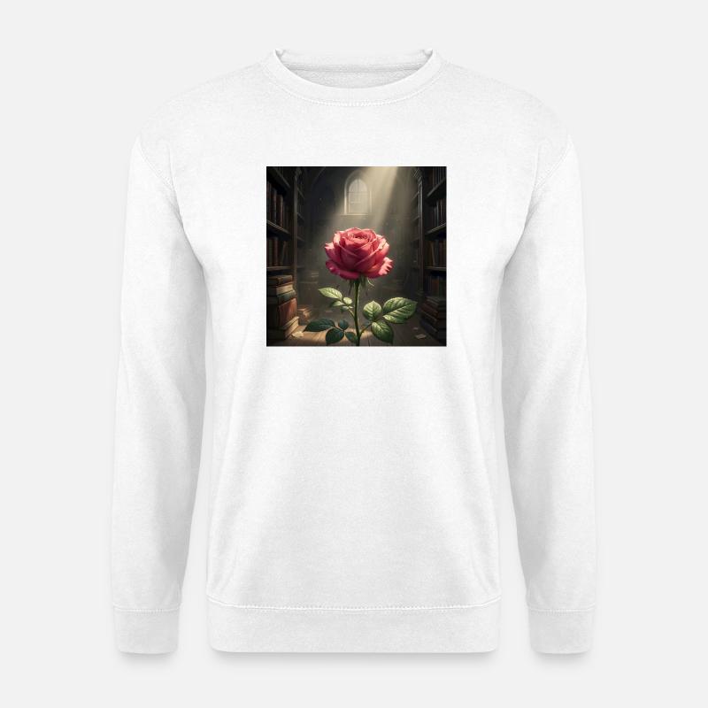 Rose im Licht der Bibliothek - Unisex Pullover - Weiß