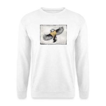 Vogel im Flug - handgeschnitzte Druckvorlage - Unisex Pullover - Weiß - Vorne