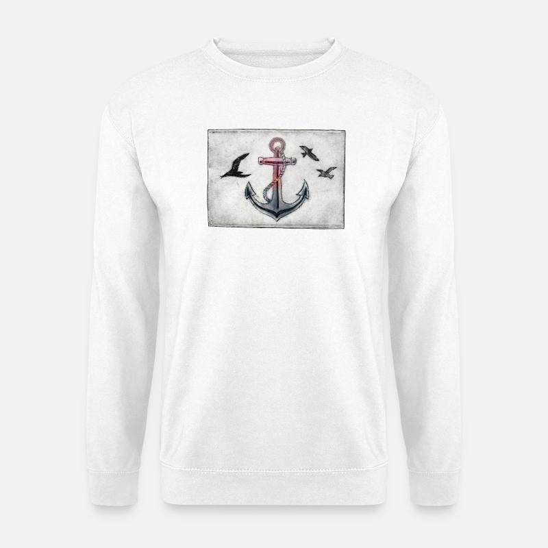 Anker mit Möwen - handgeschnitzte Druckvorlage - Unisex Pullover - Weiß