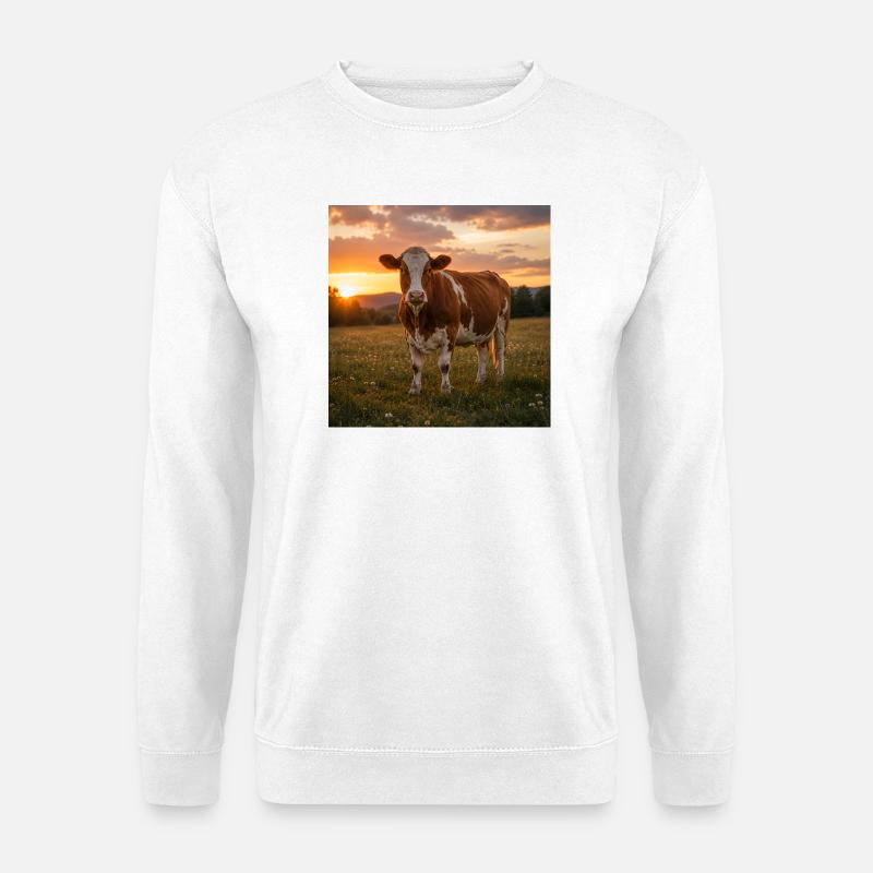 Sonnenuntergang und Kuh auf der Wiese - Unisex Pullover - Weiß