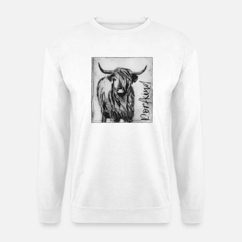 Dorfkind mit Rind - handgeschnitzte Druckvorlage - Unisex Pullover - Weiß