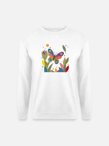 Bunter Schmetterling im Blumenfeld - Unisex Pullover - Weiß