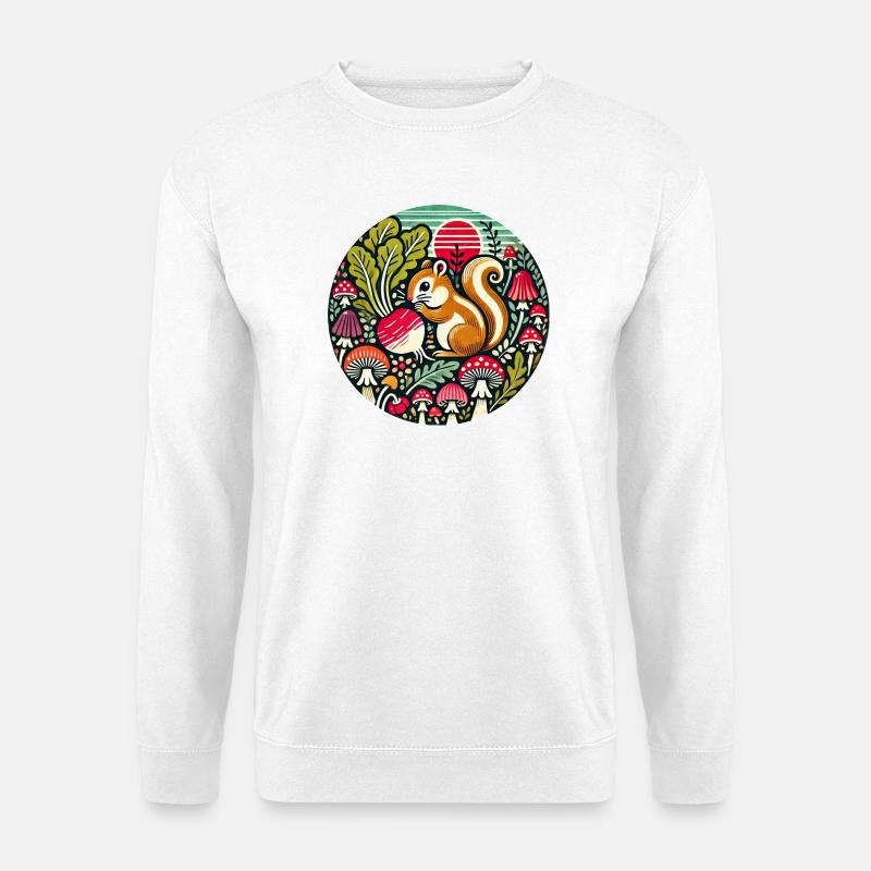 Verspieltes Eichhörnchen zwischen Pilzen - Unisex Pullover - Weiß