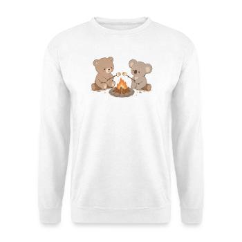 Bär und Koala am Lagerfeuer mit Marshmallows  - Unisex Pullover - Weiß - Vorne - Alina (178cm) & Michal (187cm)