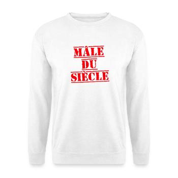 MÄNNLICHER MANN DES JAHRHUNDERTS – skurriles Wortspiel - Unisex Pullover - Weiß - Vorne - Alina (178cm) & Michal (187cm)