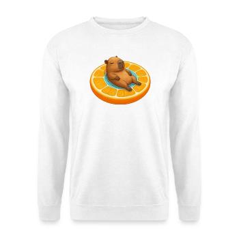 Relaxter Capybara auf Orangenscheibe - Unisex Pullover - Weiß - Vorne - Alina (178cm) & Michal (187cm)