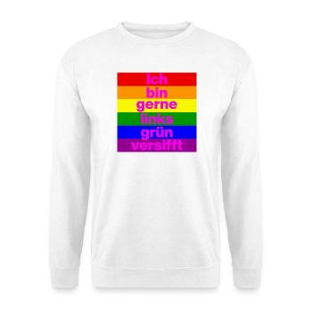 ICH BIN GERNE LINKS GRÜN VERSIFFT, NO NZS, FRIEDEN - Unisex Pullover - Weiß - Vorne - Alina (178cm) & Michal (187cm)