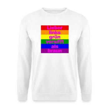 ICH BIN GERNE LINKS GRÜN VERSIFFT, NO NZS, FRIEDEN - Unisex Pullover - Weiß - Vorne - Alina (178cm) & Michal (187cm)