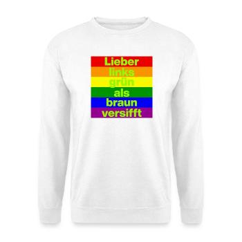 ICH BIN GERNE LINKS GRÜN VERSIFFT, NO NZS, FRIEDEN - Unisex Pullover - Weiß - Vorne - Alina (178cm) & Michal (187cm)